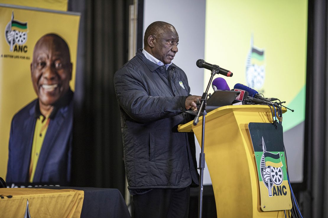 President Cyril Ramaphosa speaks in Boksburg after his African National Congress party lost its majority in South Africa's election, June 6, 2024.