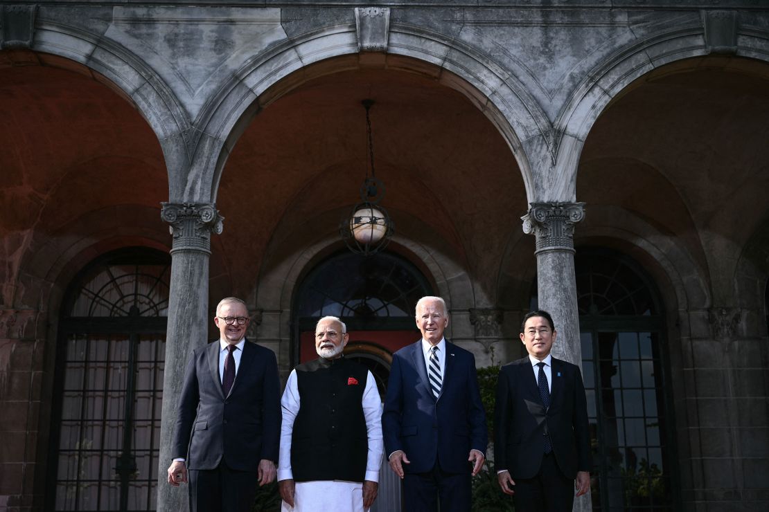 From left, Australian Prime Minister Anthony Albanese, Indian Prime Minister Narendra Modi, US President Joe Biden and Japanese Prime Minister Fumio Kishida stand for a Quadrilateral Summit family photo in Wilmington, Delaware, on September 21.